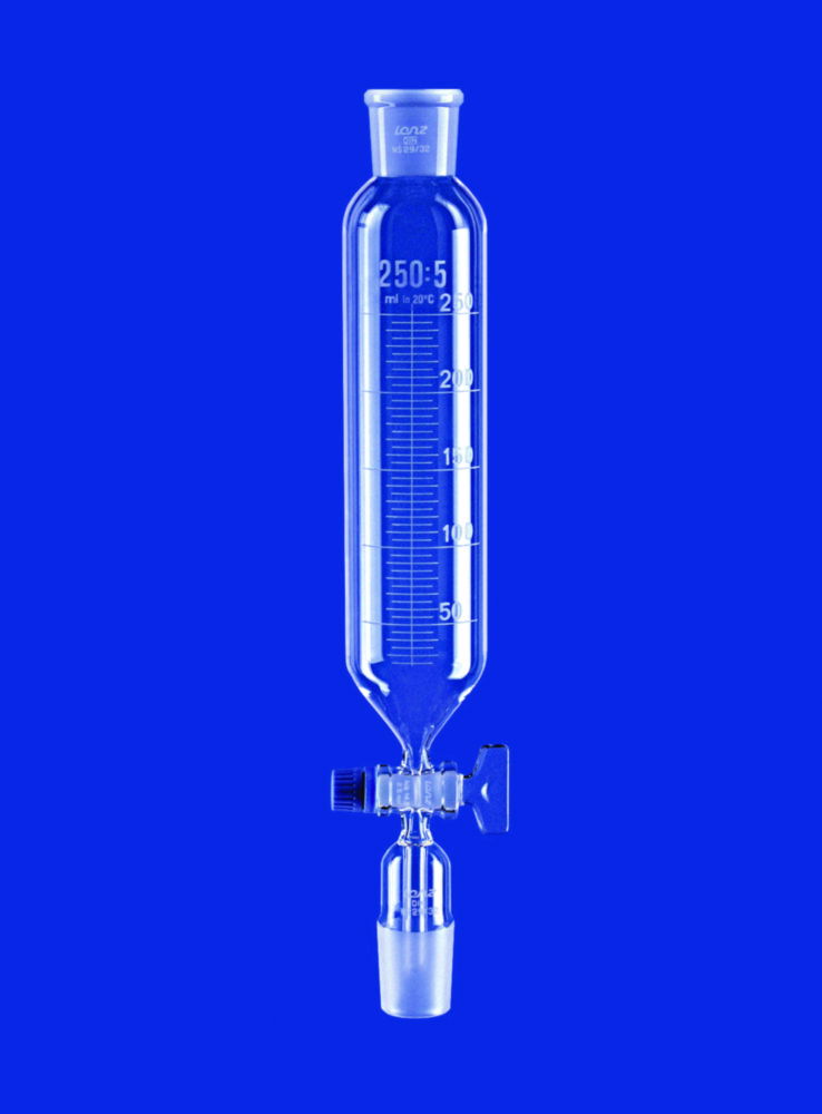 Dropping Funnels, cylindrical, borosilicate glass 3.3, with solid glass key stopcock Dropping Funnels, cylindrical, borosilicate glass 3.3, with solid glass key stopcock
