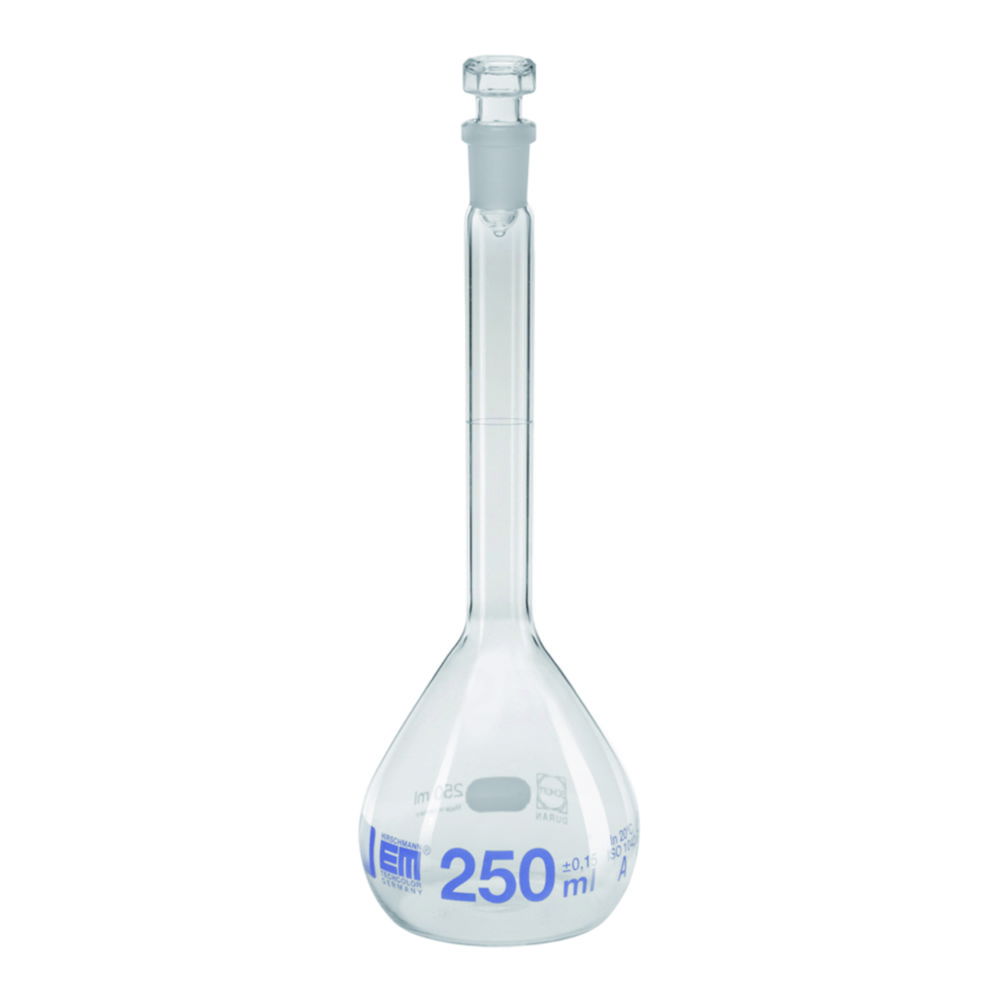 Volumetric flasks, DURAN®, class A, blue graduation, with hollow glass stopper Volumetric flasks, DURAN®, class A, blue graduation, with hollow glass stopper