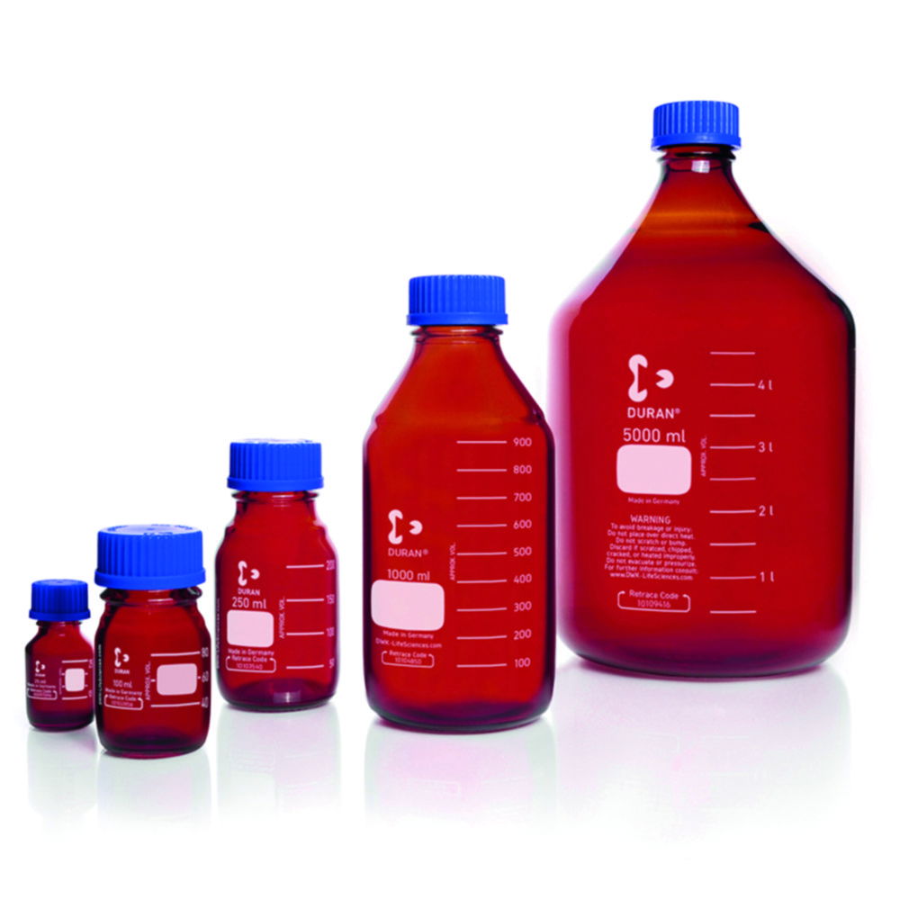 Laboratory bottle, DURAN® amber, with screw cap and pouring ring made of PP Laboratory bottle, DURAN® amber, with screw cap and pouring ring made of PP