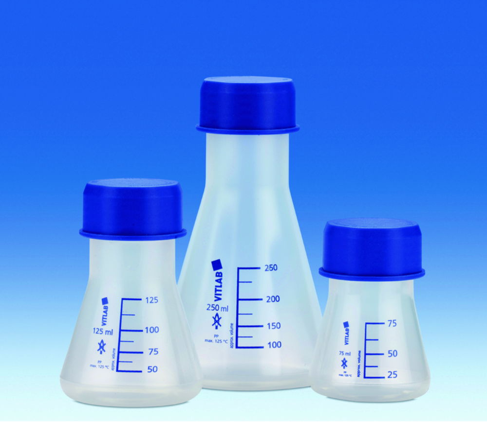 Erlenmeyer flasks, wide mouth, GL 45, PP, with blue screw neck Erlenmeyer flasks, wide mouth, GL 45, PP, with blue screw neck