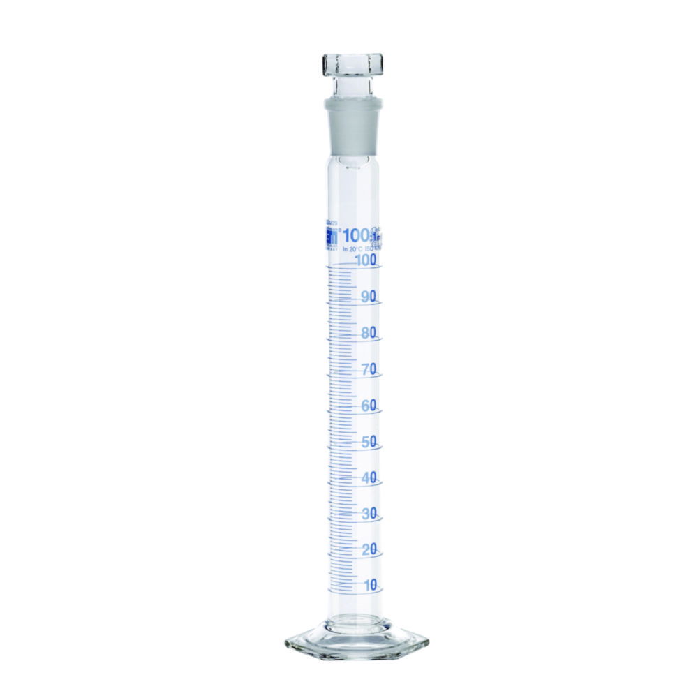 Mixing cylinders, DURAN®, class A, blue graduated, with glass stopper