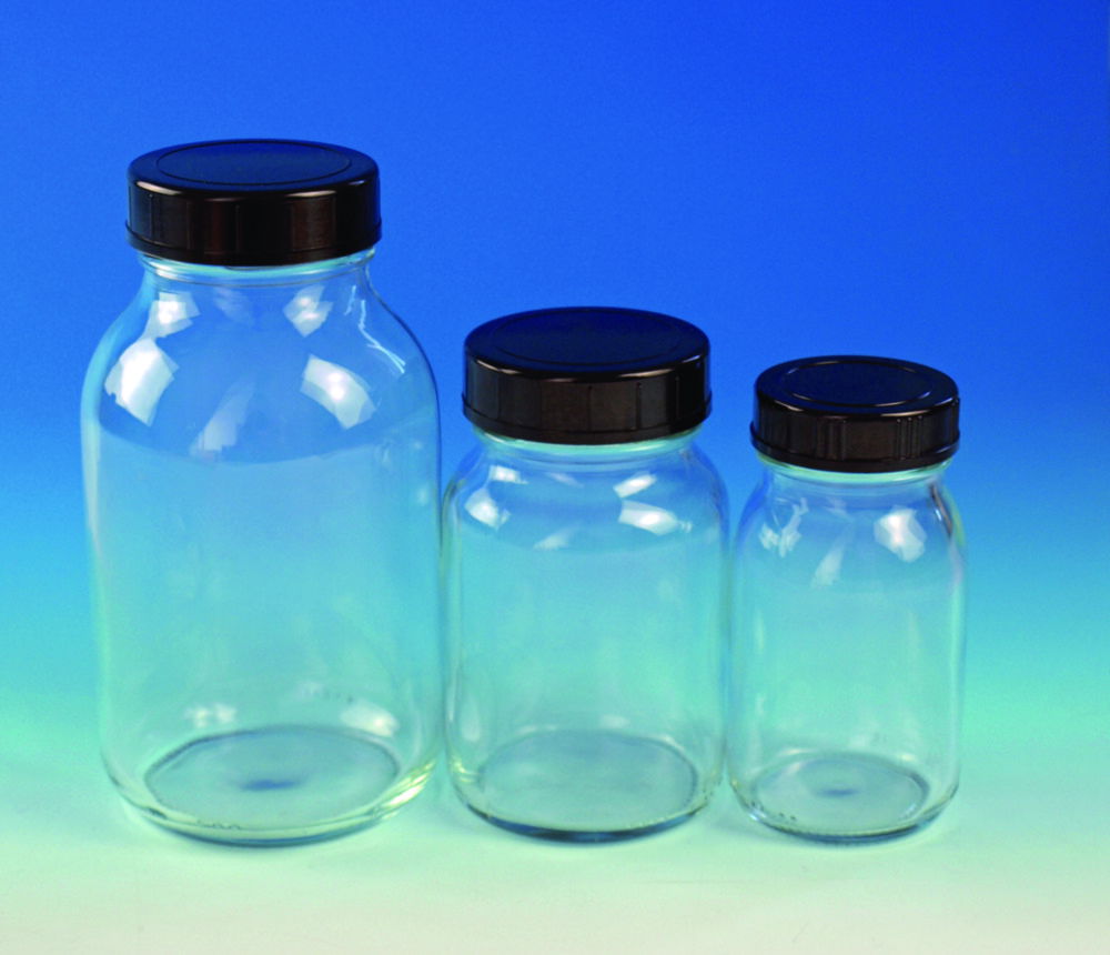Wide neck bottles, clear glass, with screw cap, plastic Wide neck bottles, clear glass, with screw cap, plastic