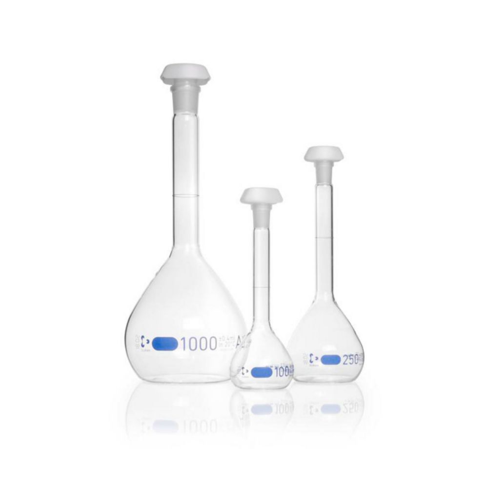 Volumetric flask DURAN®, class A, blue graduated, incl. batch certificate Volumetric flask DURAN®, class A, blue graduated, incl. batch certificate