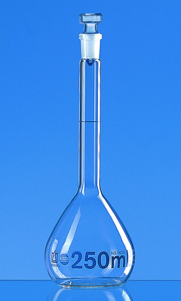 Volumetric Flasks, boro 3.3, class A, blue graduations, with glass stoppers Volumetric Flasks, boro 3.3, class A, blue graduations, with glass stoppers