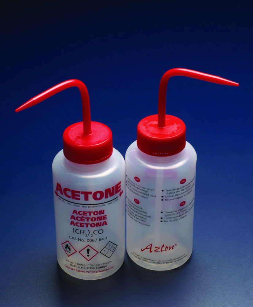 Safety venting wash bottles DripLok®, printed, wide mouth, LDPE