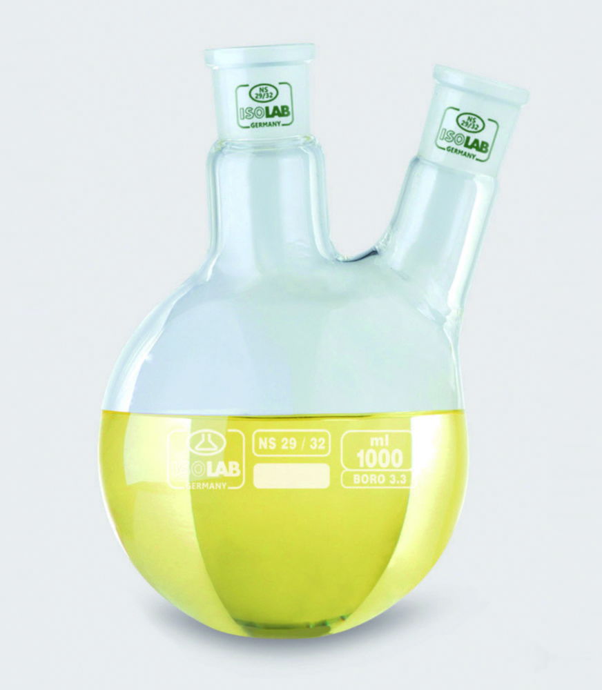 Round bottom flasks with two necks, angled arm, borosilicate glass 3.3 Round bottom flasks with two necks, angled arm, borosilicate glass 3.3
