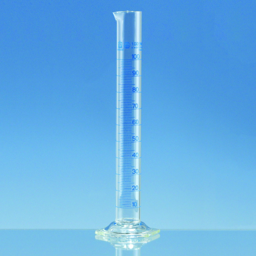 Measuring cylinders, borosilicate glass 3.3, tall form, class A, blue graduated Measuring cylinders, borosilicate glass 3.3, tall form, class A, blue graduated