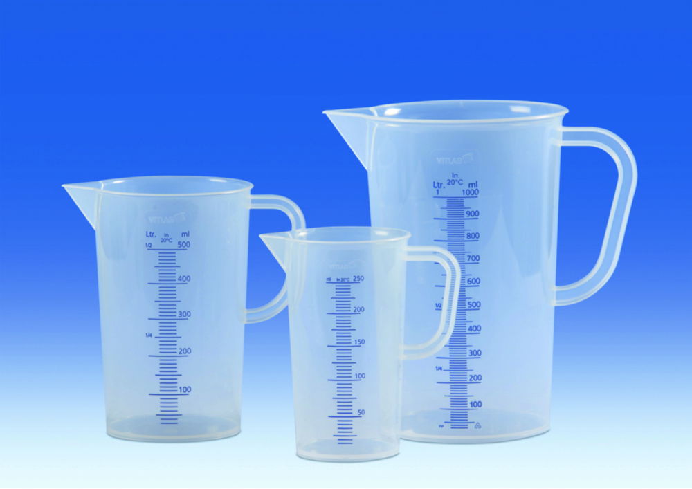 Graduated jugs, PP, moulded, blue graduations Graduated jugs, PP, moulded, blue graduations