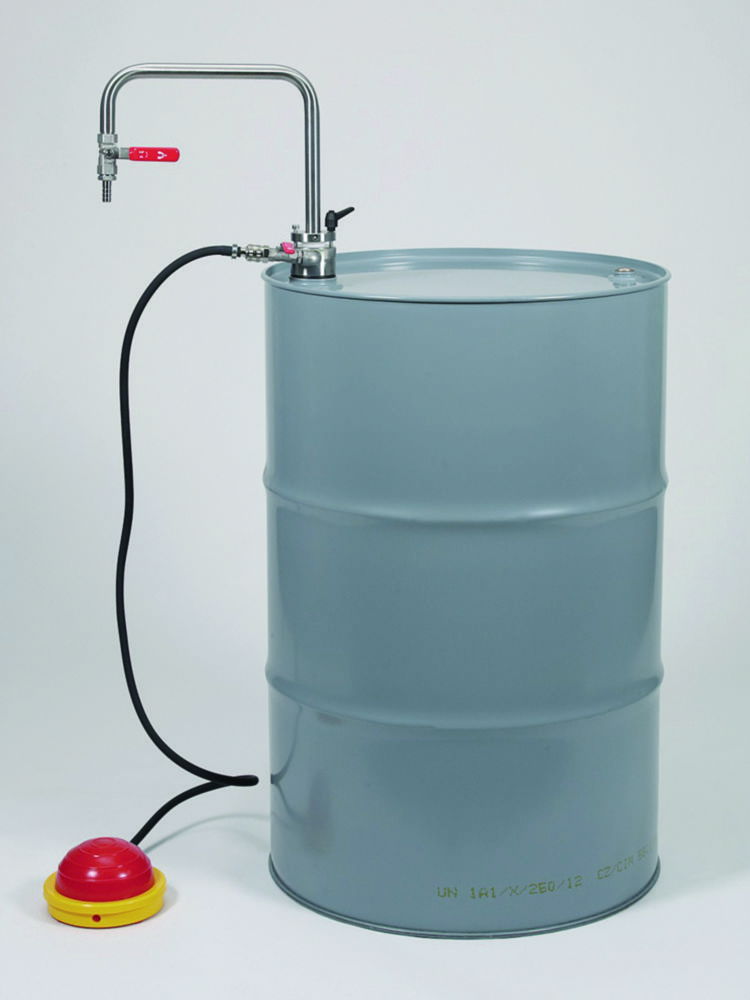 Solvent pump foot operated, with rigid angled tube