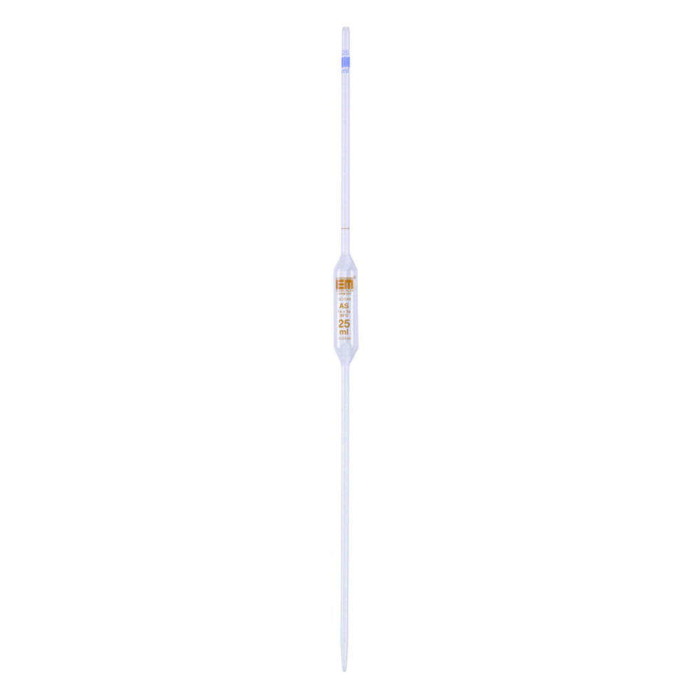 Volumetric pipettes, Soda-lime glass, class AS, 1 mark, amber stain graduation