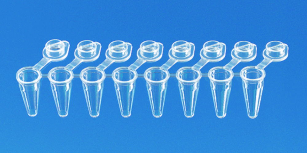 PCR tubes strips, PP, with attached single caps, 1 ridge PCR tubes strips, PP, with attached single caps, 1 ridge