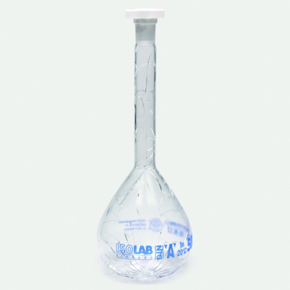 Volumetric flasks, borosilicate glass 3.3, class A, blue graduated, with PE stoppers, coated Volumetric flasks, borosilicate glass 3.3, class A, blue graduated, with PE stoppers, coated