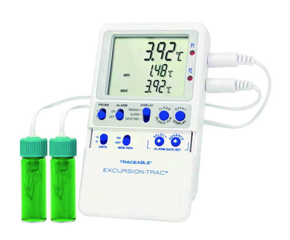 Temperature data logger Traceable® Excursion-Trac™, with 2 vaccine bottle probes Temperature data logger Traceable® Excursion-Trac™, with 2 vaccine bottle probes