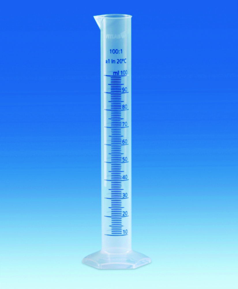 Measuring cylinders, PP, tall form, class B, blue moulded graduations Measuring cylinders, PP, tall form, class B, blue moulded graduations