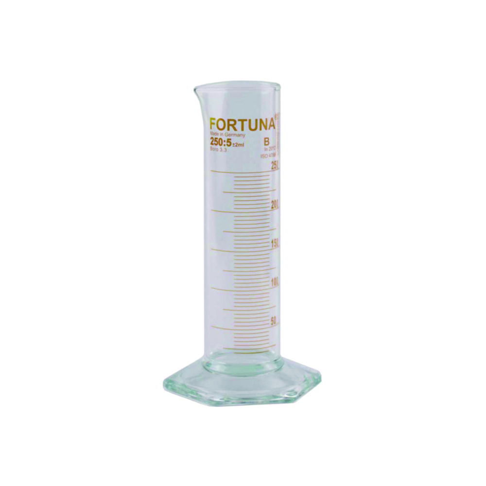 Measuring cylinders FORTUNA®, borosilicate glass 3.3, low form, class B, amber graduated Measuring cylinders FORTUNA®, borosilicate glass 3.3, low form, class B, amber graduated