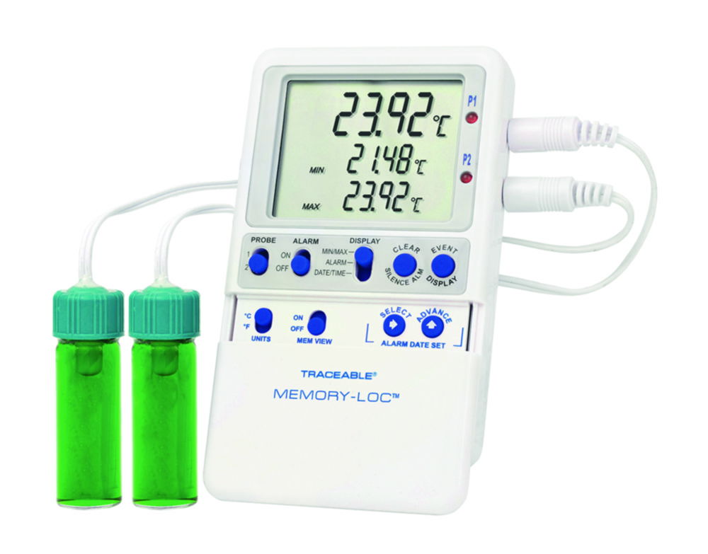 Temperature data logger Traceable® Memory-Loc™, with 2 vaccine bottle probes Temperature data logger Traceable® Memory-Loc™, with 2 vaccine bottle probes