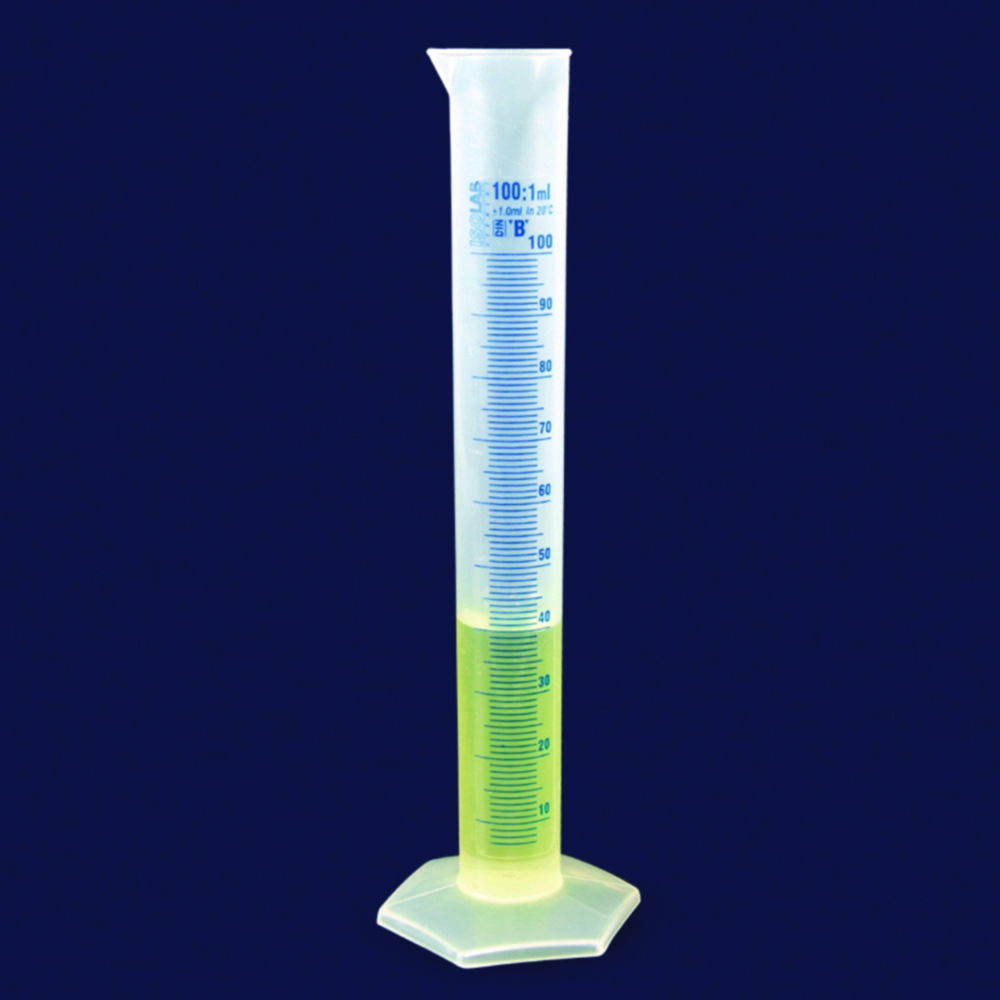 Measuring cylinders, PP, tall form, class B, blue graduated Measuring cylinders, PP, tall form, class B, blue graduated