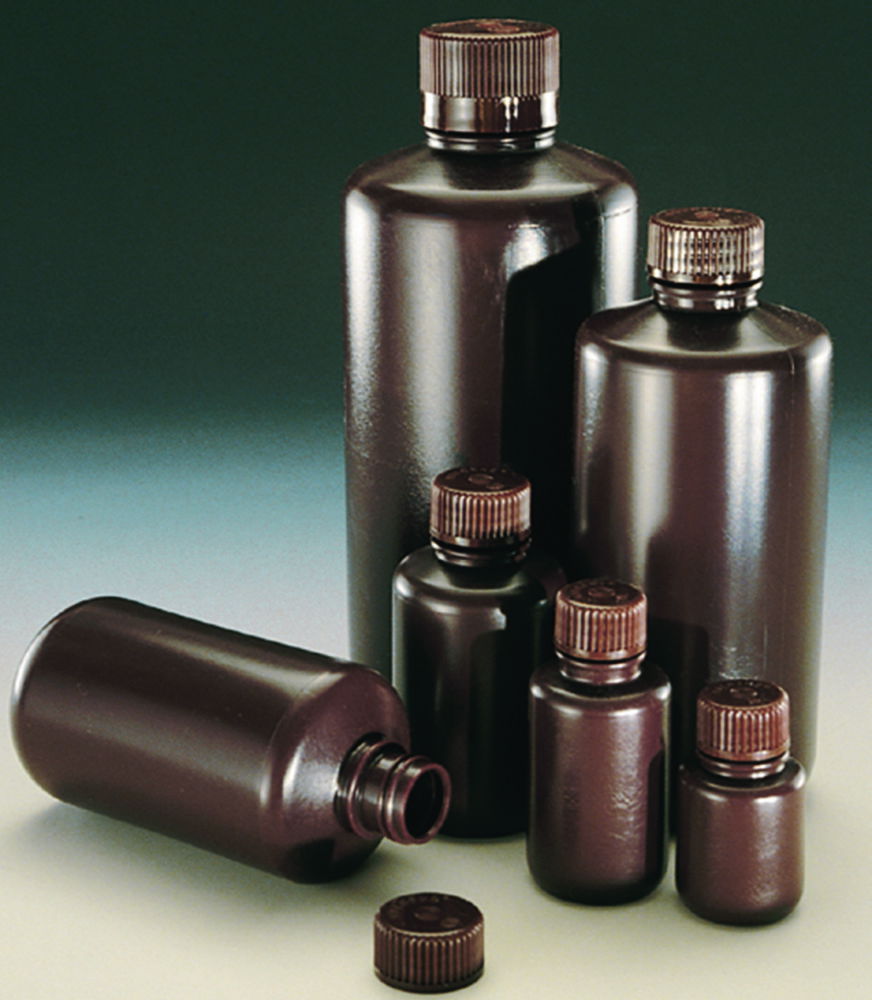 Narrow-mouth bottles Nalgene™ Economy, HDPE, with screw cap, PP, brown