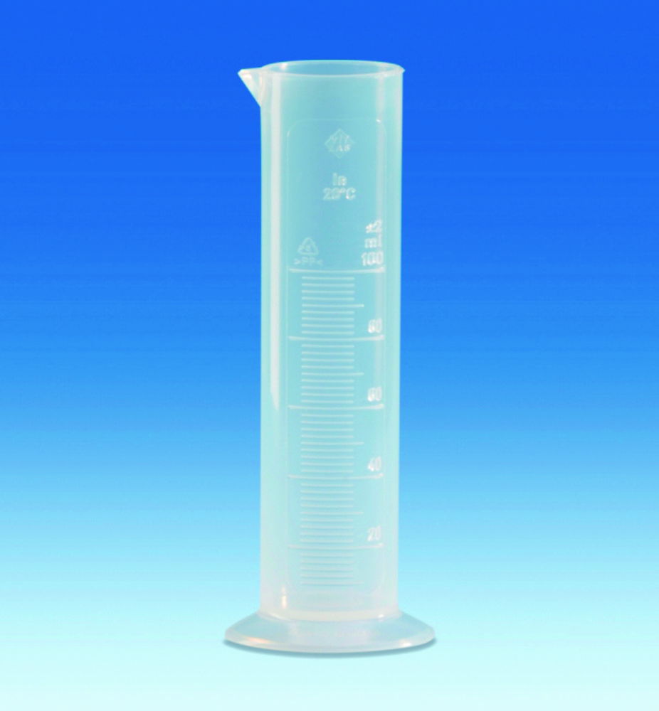 Graduated cylinders, PP, class B, low form, raised scale Graduated cylinders, PP, class B, low form, raised scale