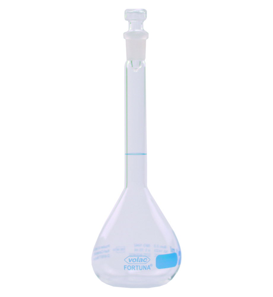 Volumetric Flasks Volac FORTUNA®, boro 3.3, class A, with glass stoppers, blue graduation Volumetric Flasks Volac FORTUNA®, boro 3.3, class A, with glass stoppers, blue graduation