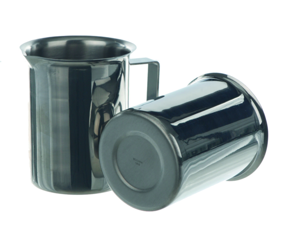 Beakers, stainless steel, with rim, spout and handle Beakers, stainless steel, with rim, spout and handle