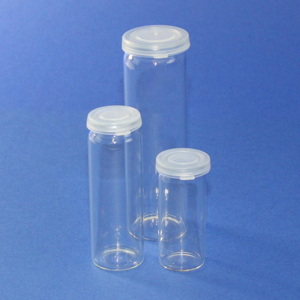 Rolled rim bottles, soda-lime glass, with PE snap-on lid Rolled rim bottles, soda-lime glass, with PE snap-on lid