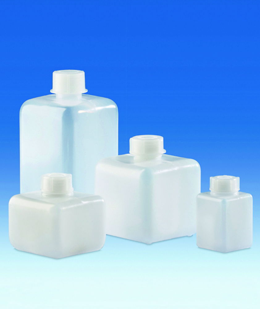 Square bottles, narrow-mouth, HDPE, with screw cap, LDPE Square bottles, narrow-mouth, HDPE, with screw cap, LDPE