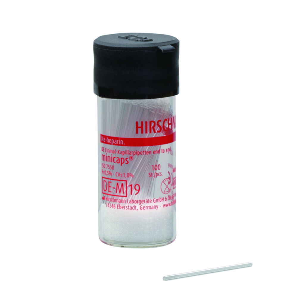 Disposable micro capillary pipettes, DURAN®, minicaps® end-to-end, Na-hep Disposable micro capillary pipettes, DURAN®, minicaps® end-to-end, Na-hep