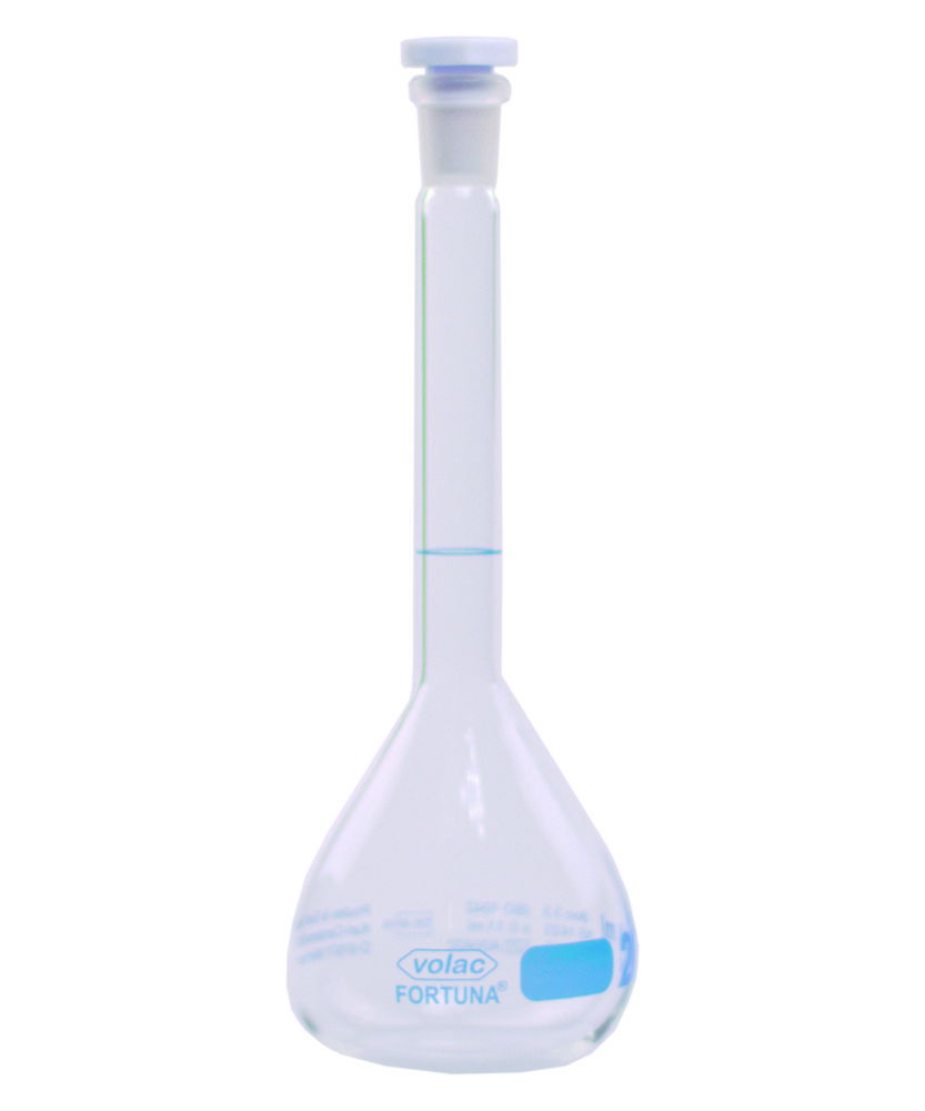 Volumetric flasks Volac FORTUNA®, boro 3.3, class A, with PP stoppers, blue graduation