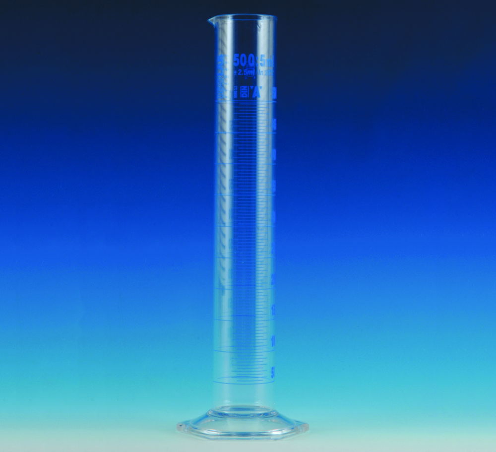Measuring cylinders, borosilicate glass 3.3, tall form, class A, blue graduated Measuring cylinders, borosilicate glass 3.3, tall form, class A, blue graduated