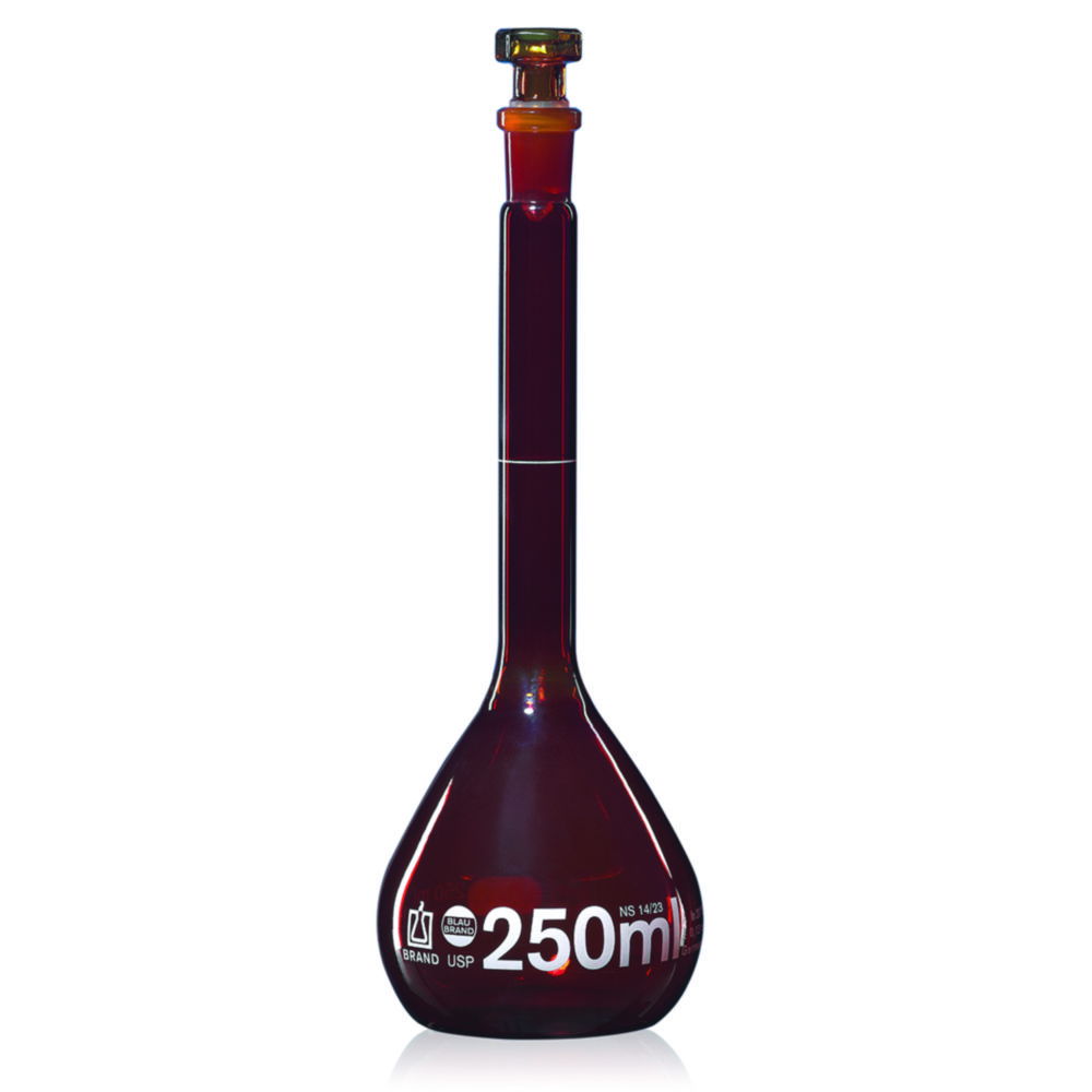 Volumetric flasks, boro 3.3, class A, amber glass, with glass stopper, incl. USP individual certificate Volumetric flasks, boro 3.3, class A, amber glass, with glass stopper, incl. USP individual certificate