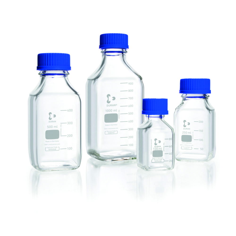 Square shape laboratory bottles, DURAN®, with retrace code Square shape laboratory bottles, DURAN®, with retrace code