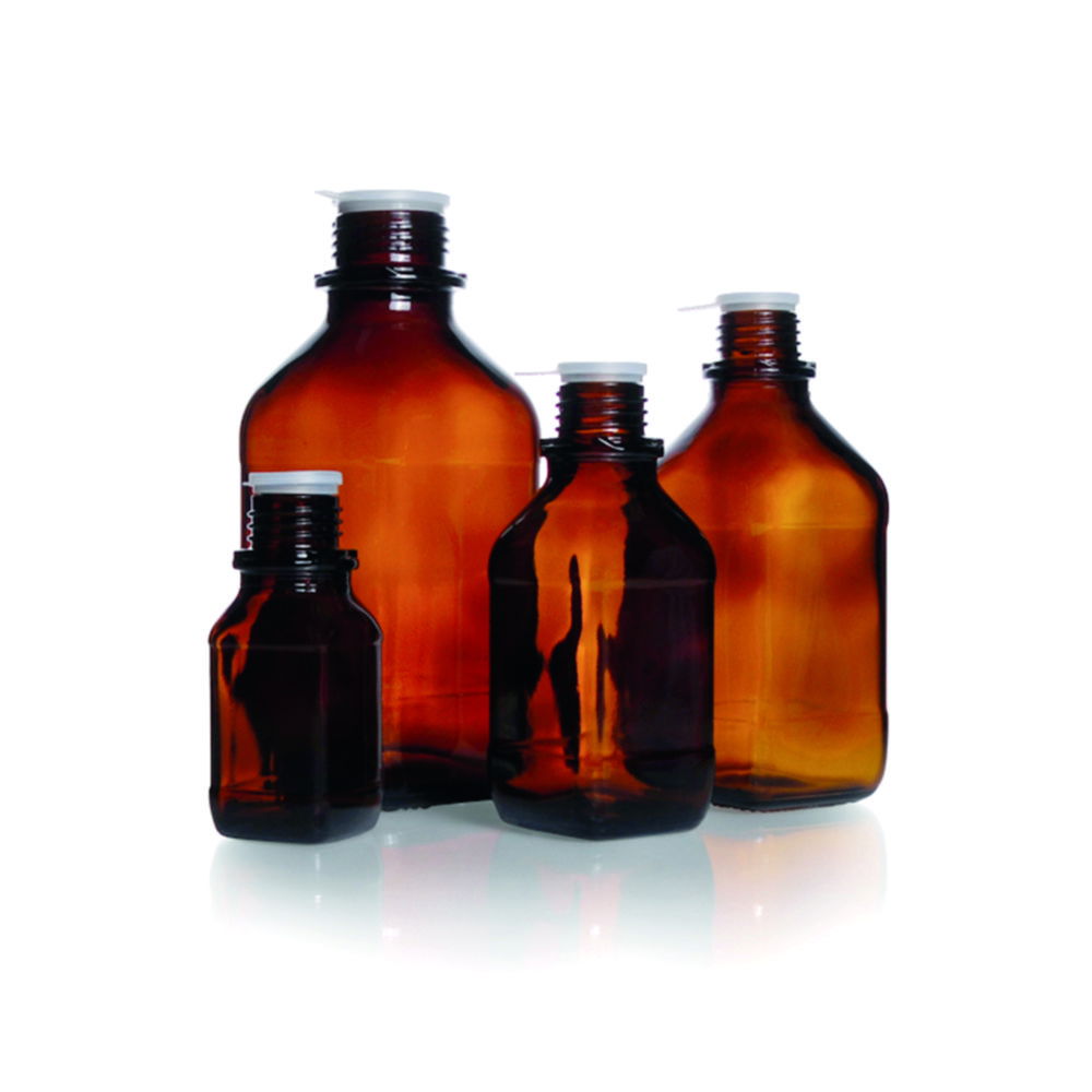 Narrow-mouth square bottles, soda-lime glass, amber glass Narrow-mouth square bottles, soda-lime glass, amber glass