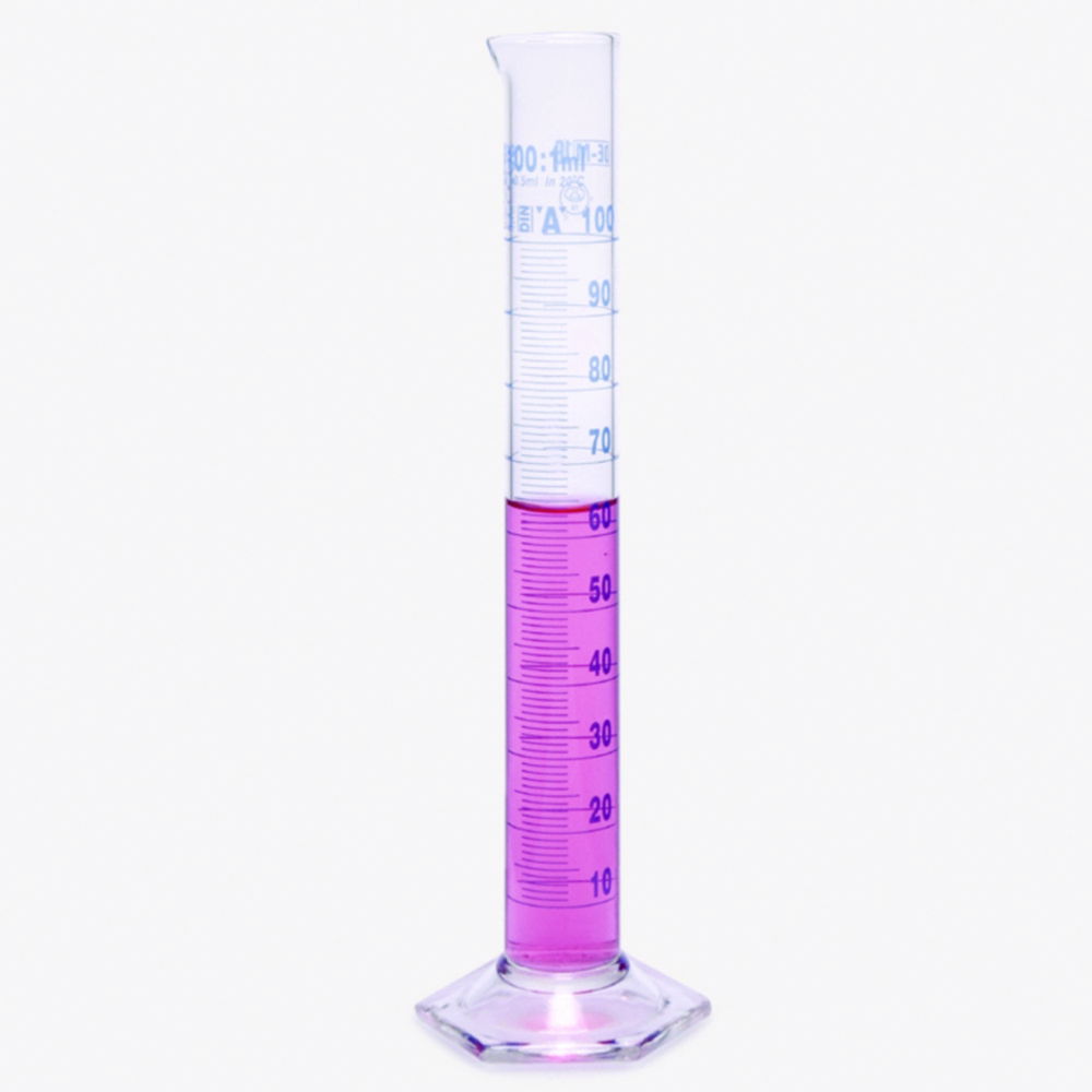 Measuring cylinders, borosilicate glass 3.3, tall form, class A, blue graduated Measuring cylinders, borosilicate glass 3.3, tall form, class A, blue graduated