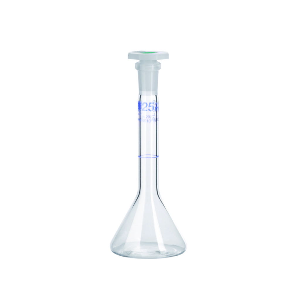 Volumetric trapezoidal flasks, DURAN®, class A, blue graduation, with PE stopper