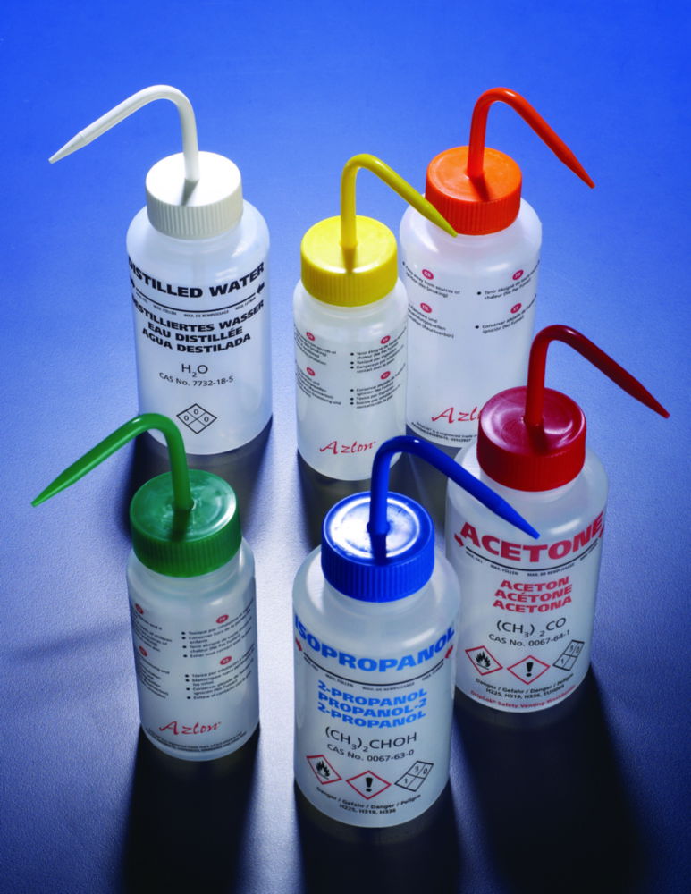 Safety venting wash bottles, printed, wide-mouth, LDPE Safety venting wash bottles, printed, wide-mouth, LDPE