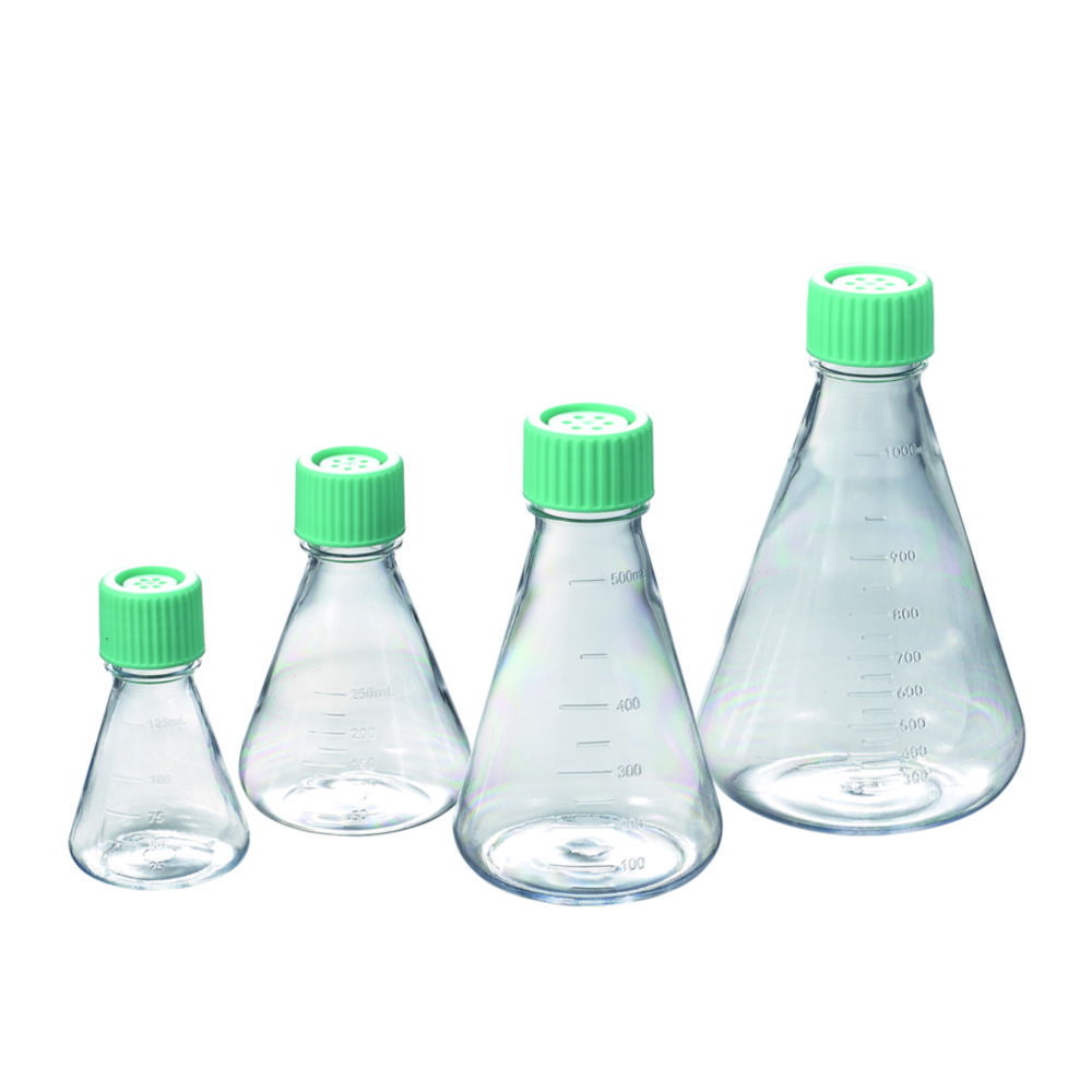 Erlenmeyer flasks, PC, sterile, with plain bottom and standard cap Erlenmeyer flasks, PC, sterile, with plain bottom and standard cap