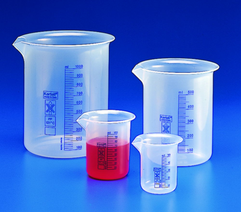 Beakers, PP, low form, blue graduations Beakers, PP, low form, blue graduations