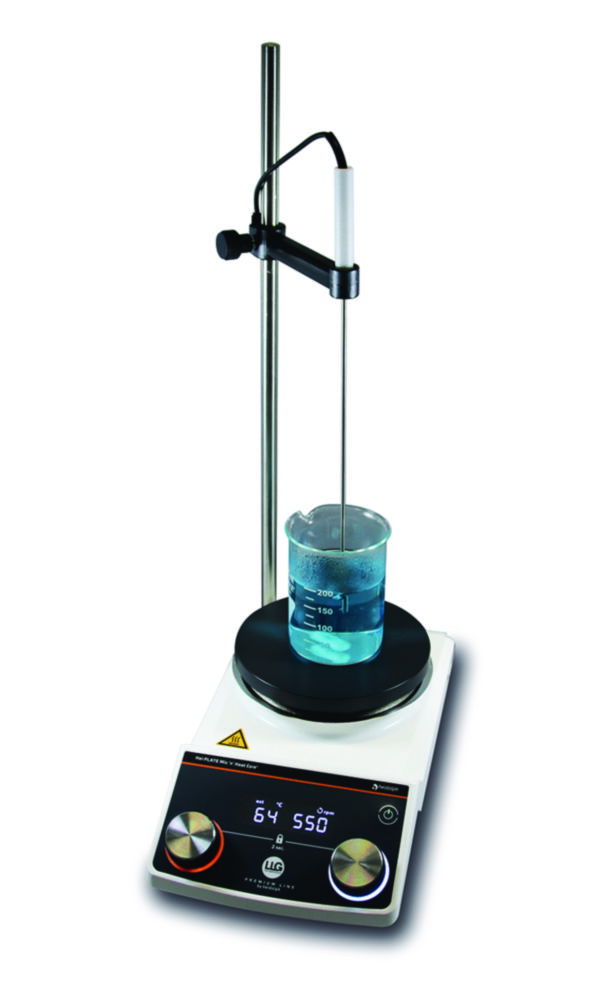 Magnetic stirrer Hei-PLATE Mix ’n’ Heat Core+, LLG Premium Line, incl. temperature sensor Pt1000 with holder, support rod and silicone cover Magnetic stirrer Hei-PLATE Mix ’n’ Heat Core+, LLG Premium Line, incl. temperature sensor Pt1000 with holder, support rod and silicone cover