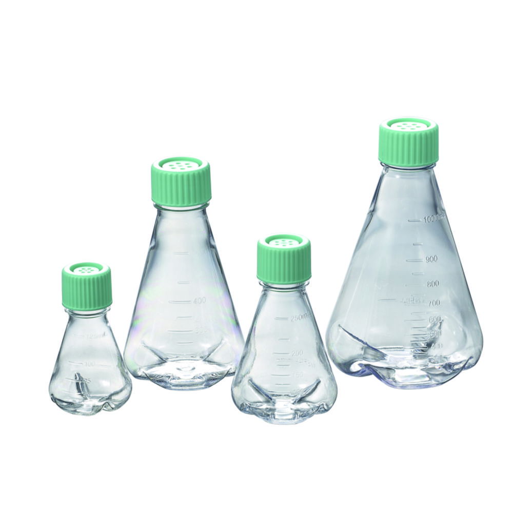 Erlenmeyer flasks, PC, sterile, with baffled bottom and standard cap Erlenmeyer flasks, PC, sterile, with baffled bottom and standard cap