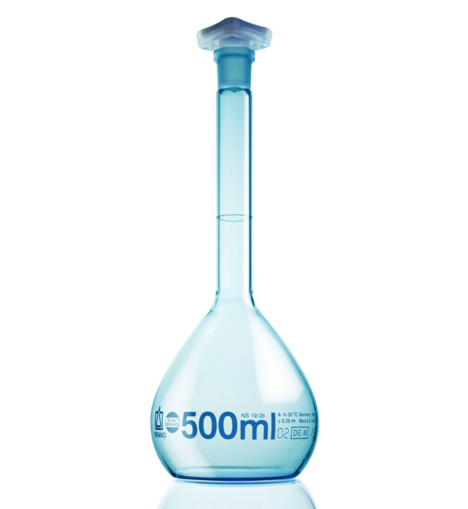 Volumetric flasks, boro 3.3, class A, PUR coated, blue graduations Volumetric flasks, boro 3.3, class A, PUR coated, blue graduations