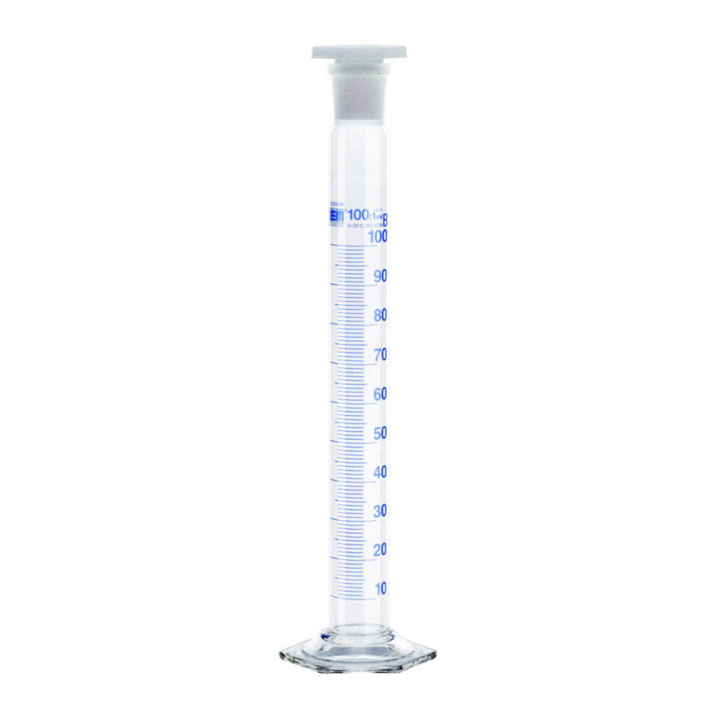 Mixing cylinders, DURAN®, class B, blue graduated, with PE stopper Mixing cylinders, DURAN®, class B, blue graduated, with PE stopper