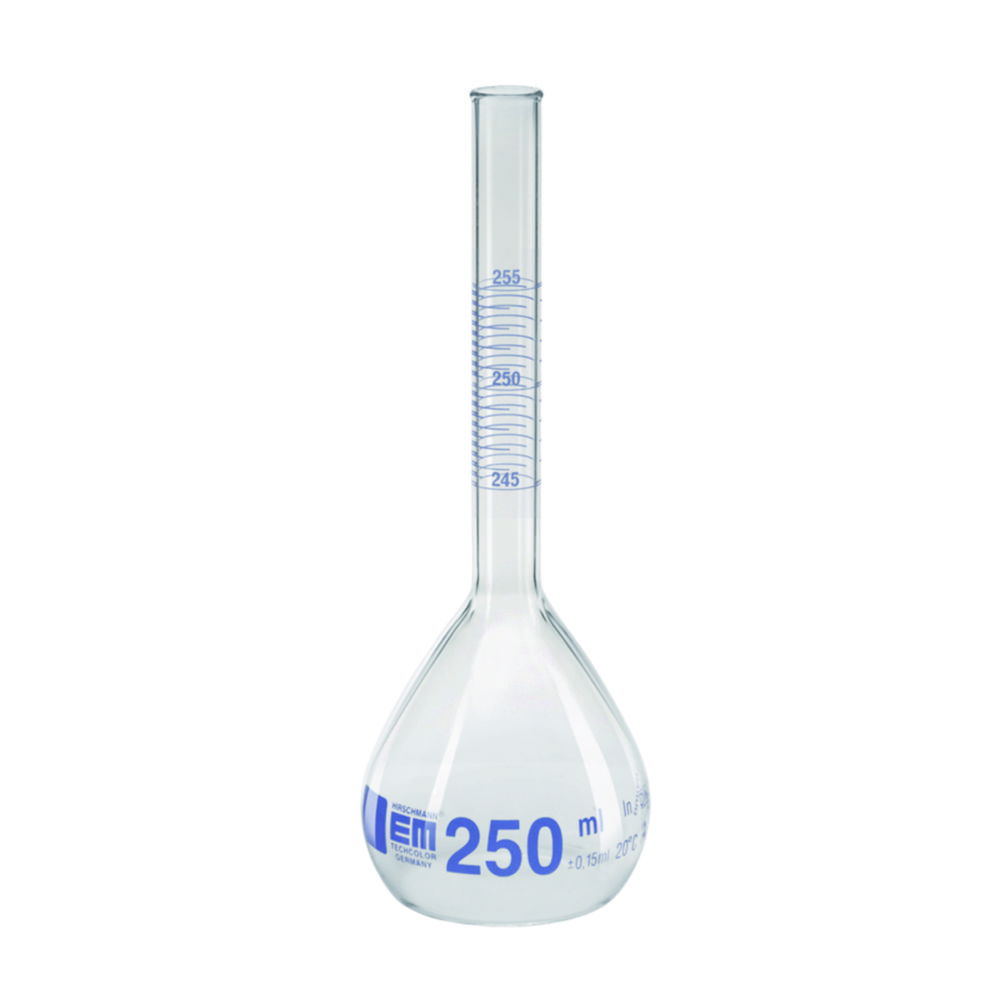 Volumetric flasks, DURAN®, Class A, blue graduation, pre-packing regulation Volumetric flasks, DURAN®, Class A, blue graduation, pre-packing regulation