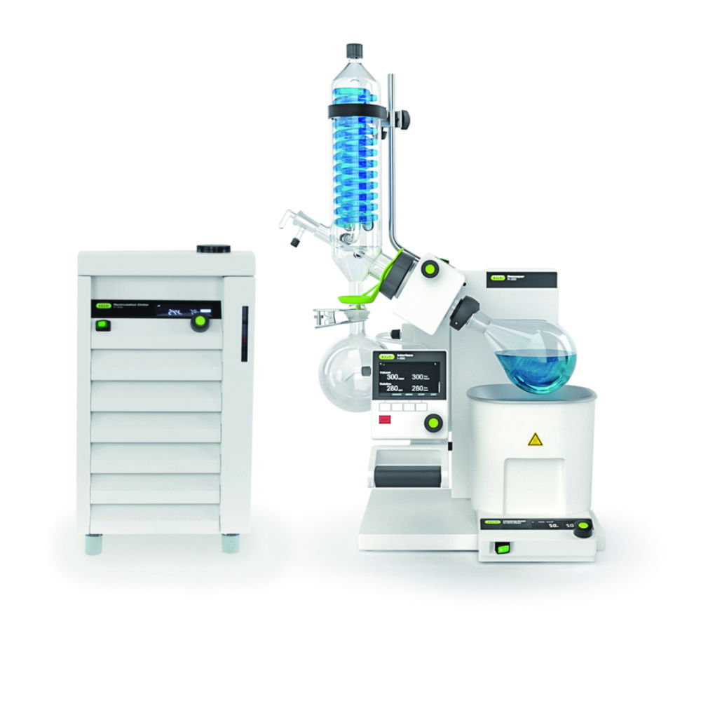 Rotary evaporator Rotavapor® R-300 system, with Interface I-300, heating bath B-301 and recirculating chiller F-305 Rotary evaporator Rotavapor® R-300 system, with Interface I-300, heating bath B-301 and recirculating chiller F-305
