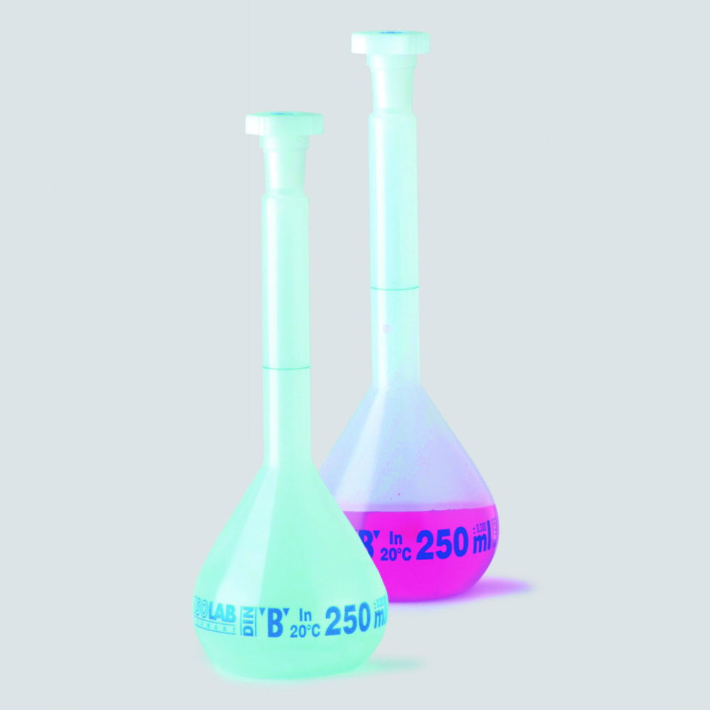 Volumetric flasks, plastic, class B, PE NS-stoppers Volumetric flasks, plastic, class B, PE NS-stoppers