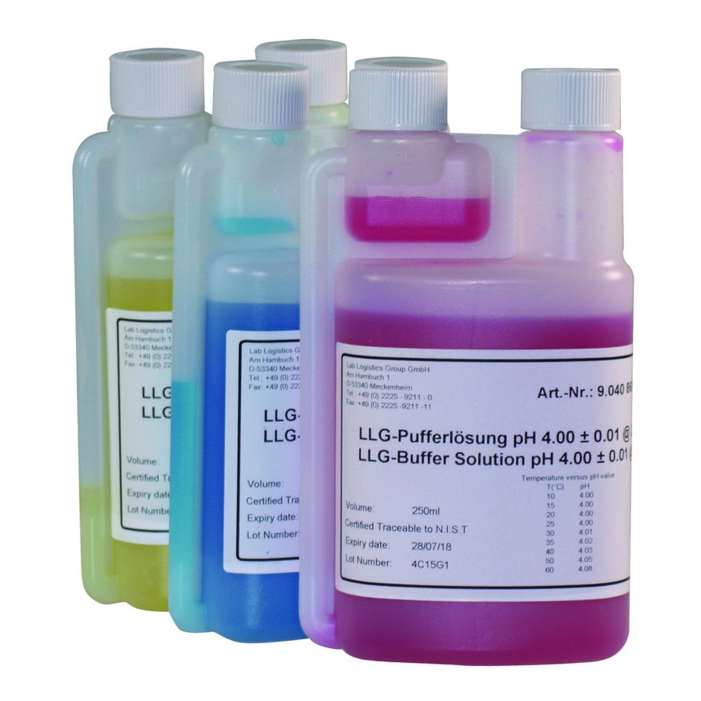 LLG-pH buffer solutions with colour coding in twin-neck dispensing bottles LLG-pH buffer solutions with colour coding in twin-neck dispensing bottles