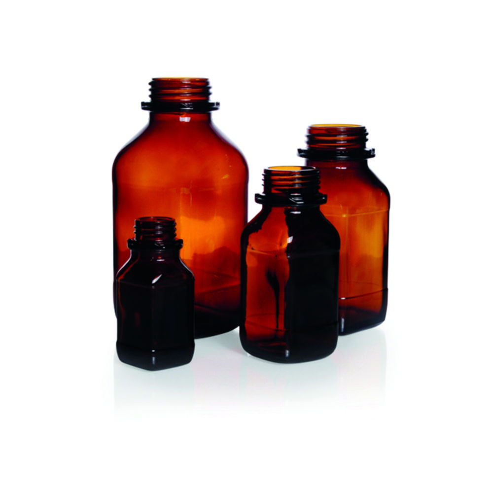 Square, screw cap bottles, soda-lime glass, amber glass Square, screw cap bottles, soda-lime glass, amber glass