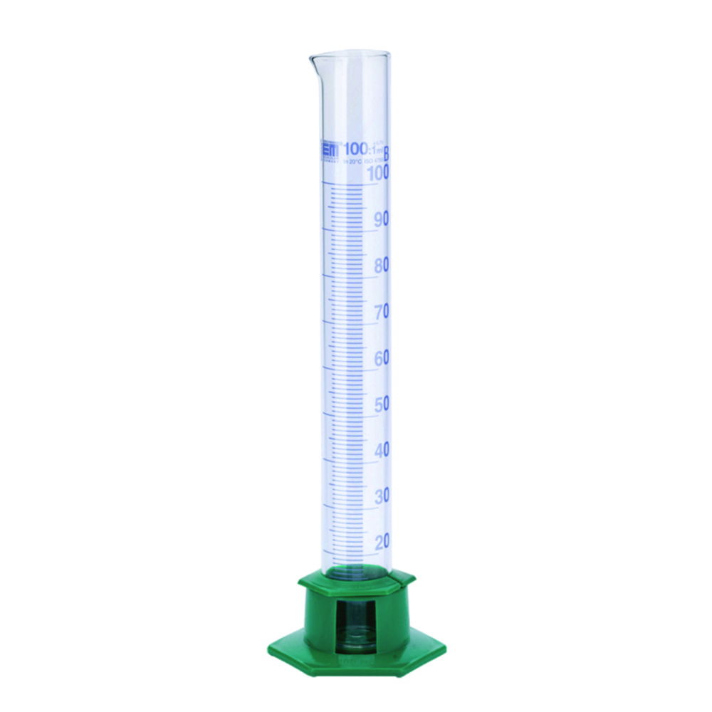 Measuring Cylinder with Plastic Socket, DURAN®, class B, Blue Graduation Measuring Cylinder with Plastic Socket, DURAN®, class B, Blue Graduation