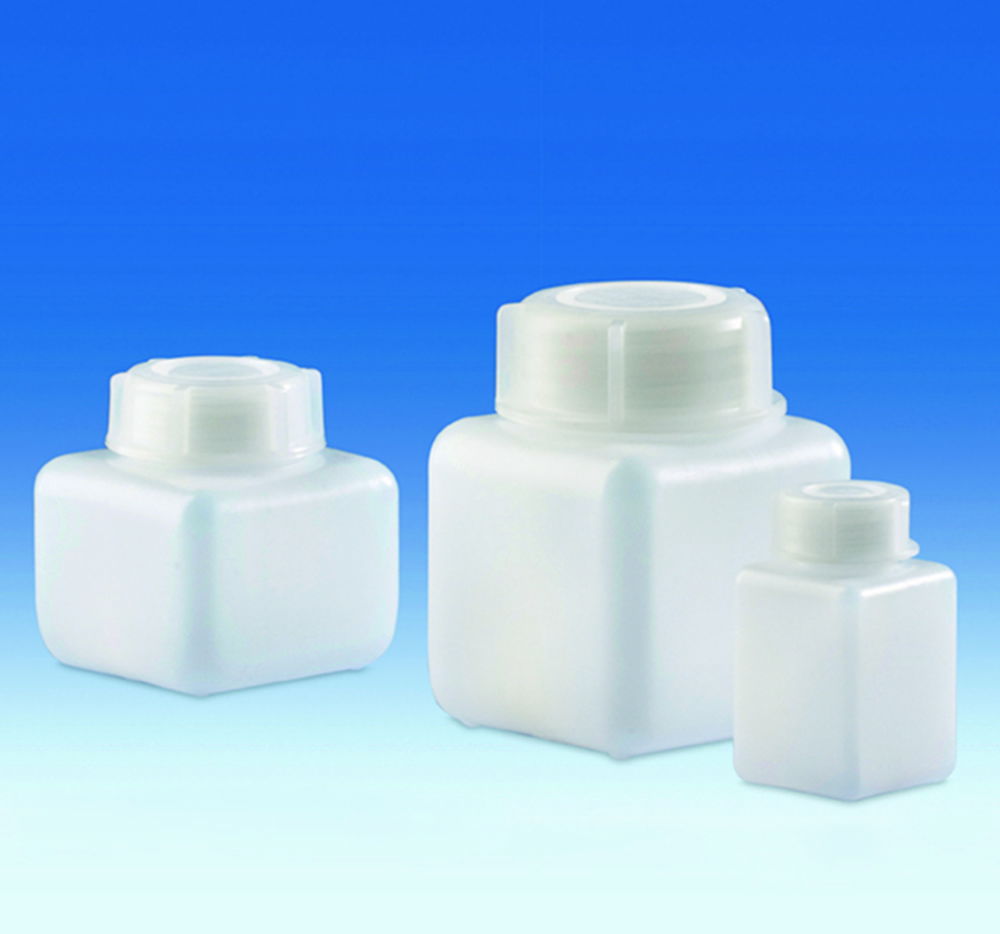 Wide-mouth square bottles, HDPE, with screw cap, LDPE Wide-mouth square bottles, HDPE, with screw cap, LDPE