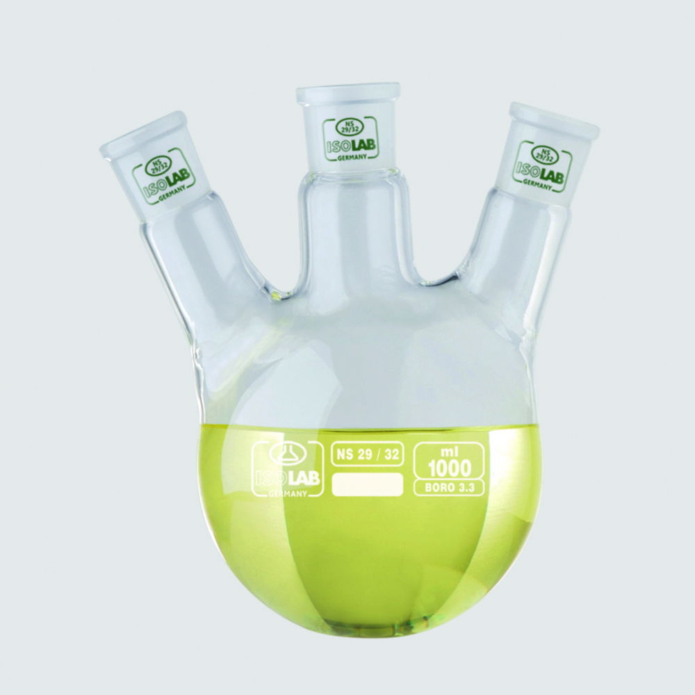 Round bottom flasks with three necks, NS joints, angled side arms, borosilicate glass 3.3 Round bottom flasks with three necks, NS joints, angled side arms, borosilicate glass 3.3